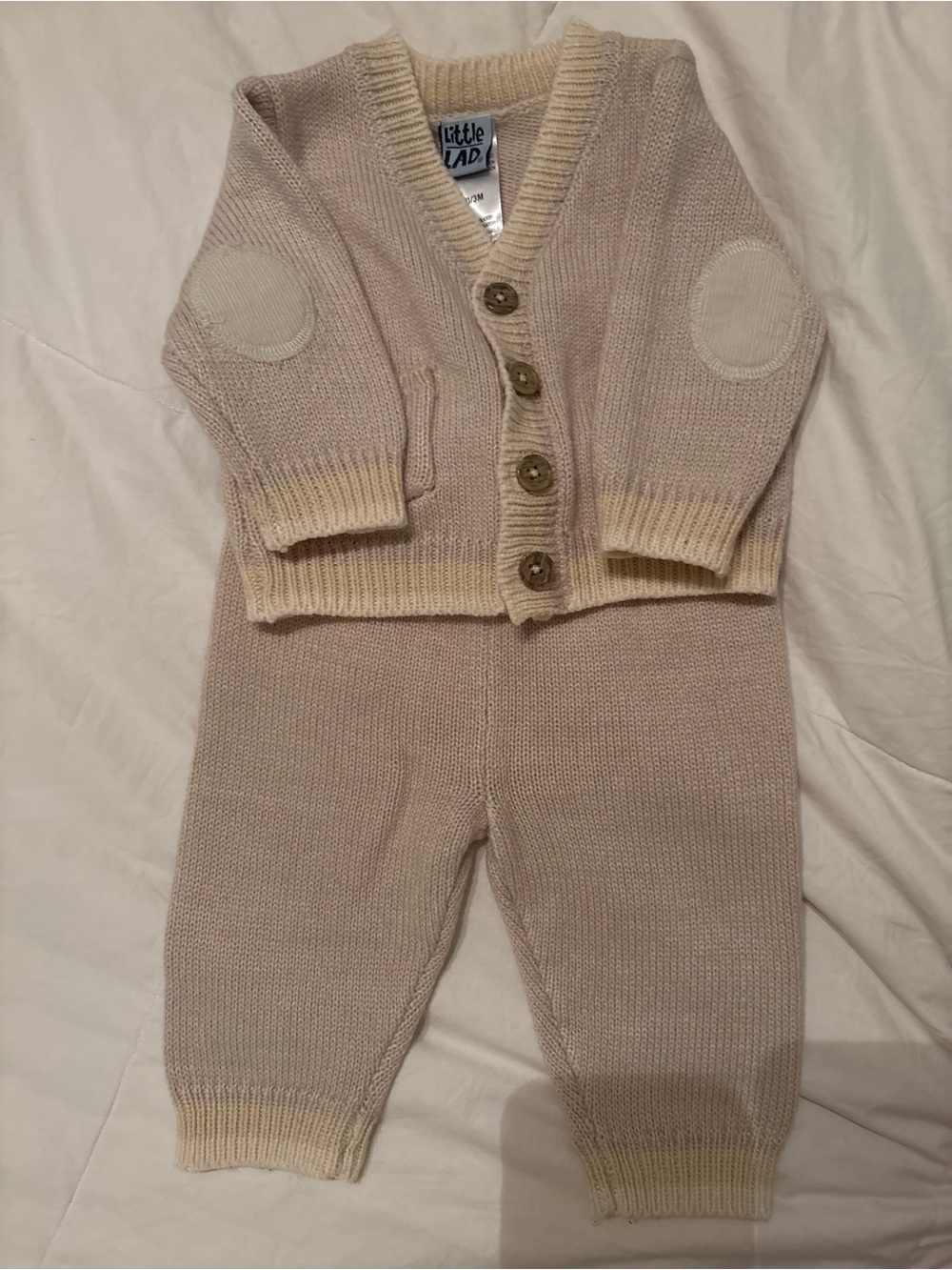 Little Lad Knit Cardigan & Pants Set in Light Beige